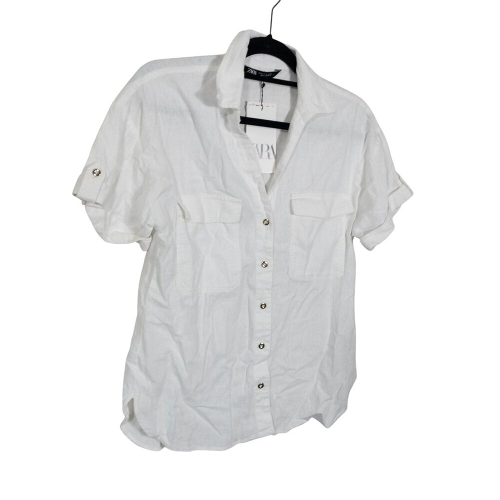 Zara White Button Down Short Sleeve Top SZ S Gold Buttons Front Pockets - Picture 2 of 11